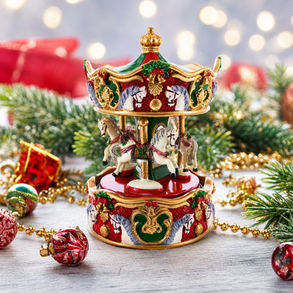 Musical Christmas Figurine with Spinning Carousel Horses