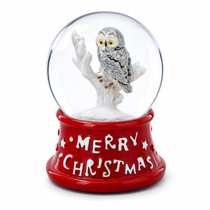 White Owl Perched on Red Base Mini Water Snow Globe