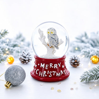 White Owl Perched on Red Base Mini Water Snow Globe