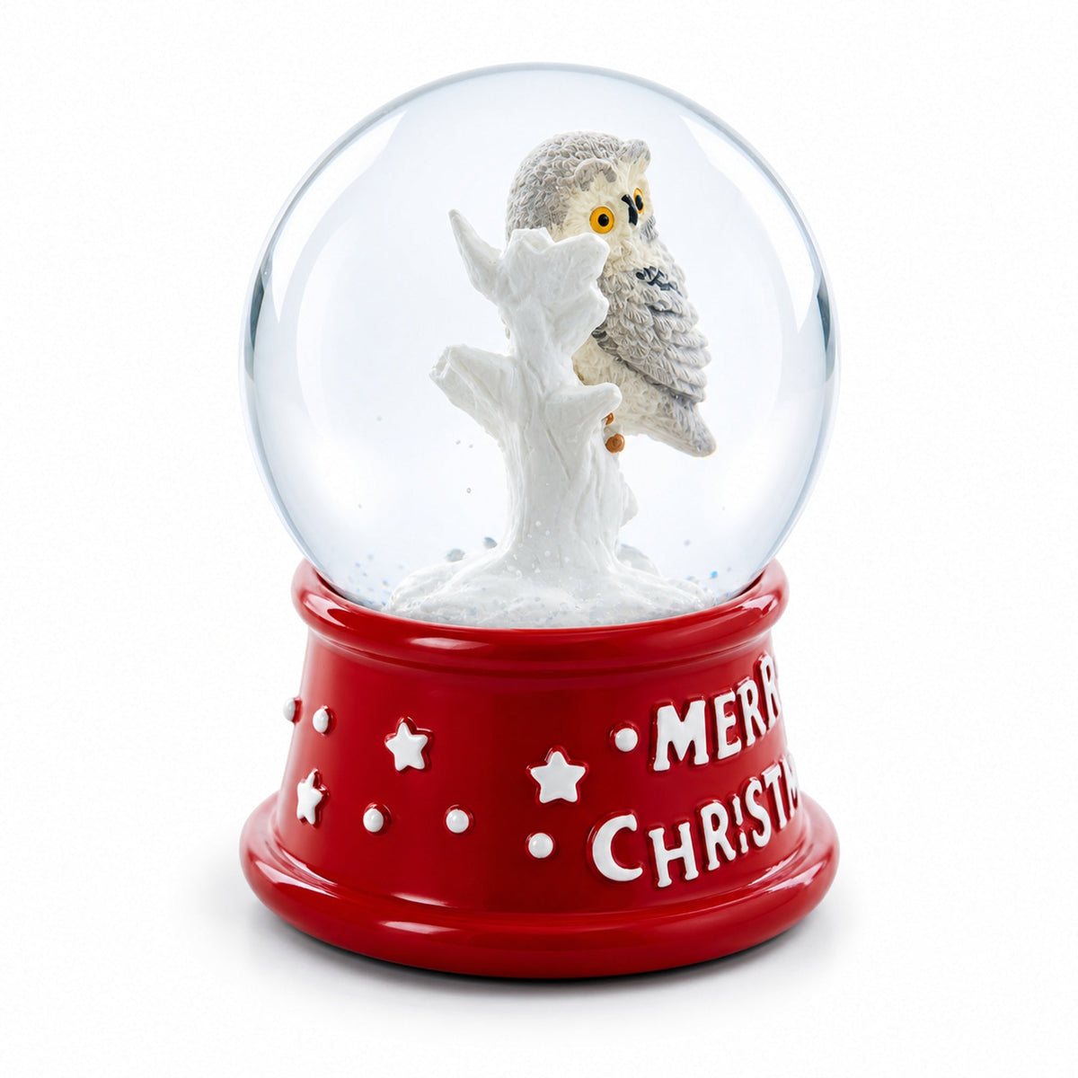 White Owl Perched on Red Base Mini Water Snow Globe