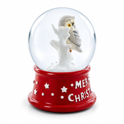 White Owl Perched on Red Base Mini Water Snow Globe