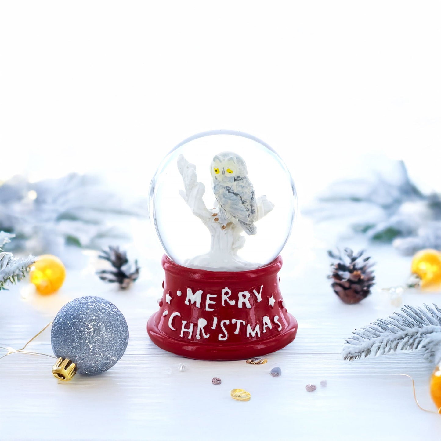 White Owl Perched on Red Base Mini Water Snow Globe