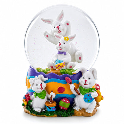 Spring Easter Egg Painting Rabbits Music Box Snow Globe 6 Inches Tall