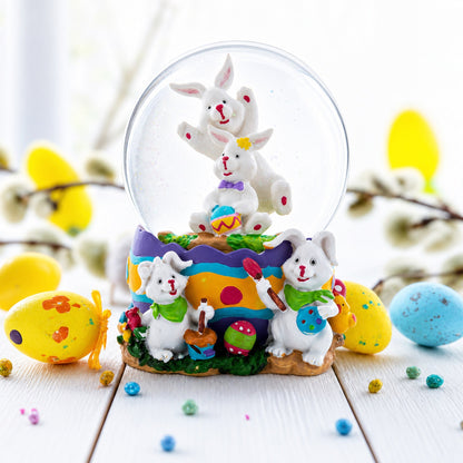 Spring Easter Egg Painting Rabbits Music Box Snow Globe 6 Inches Tall