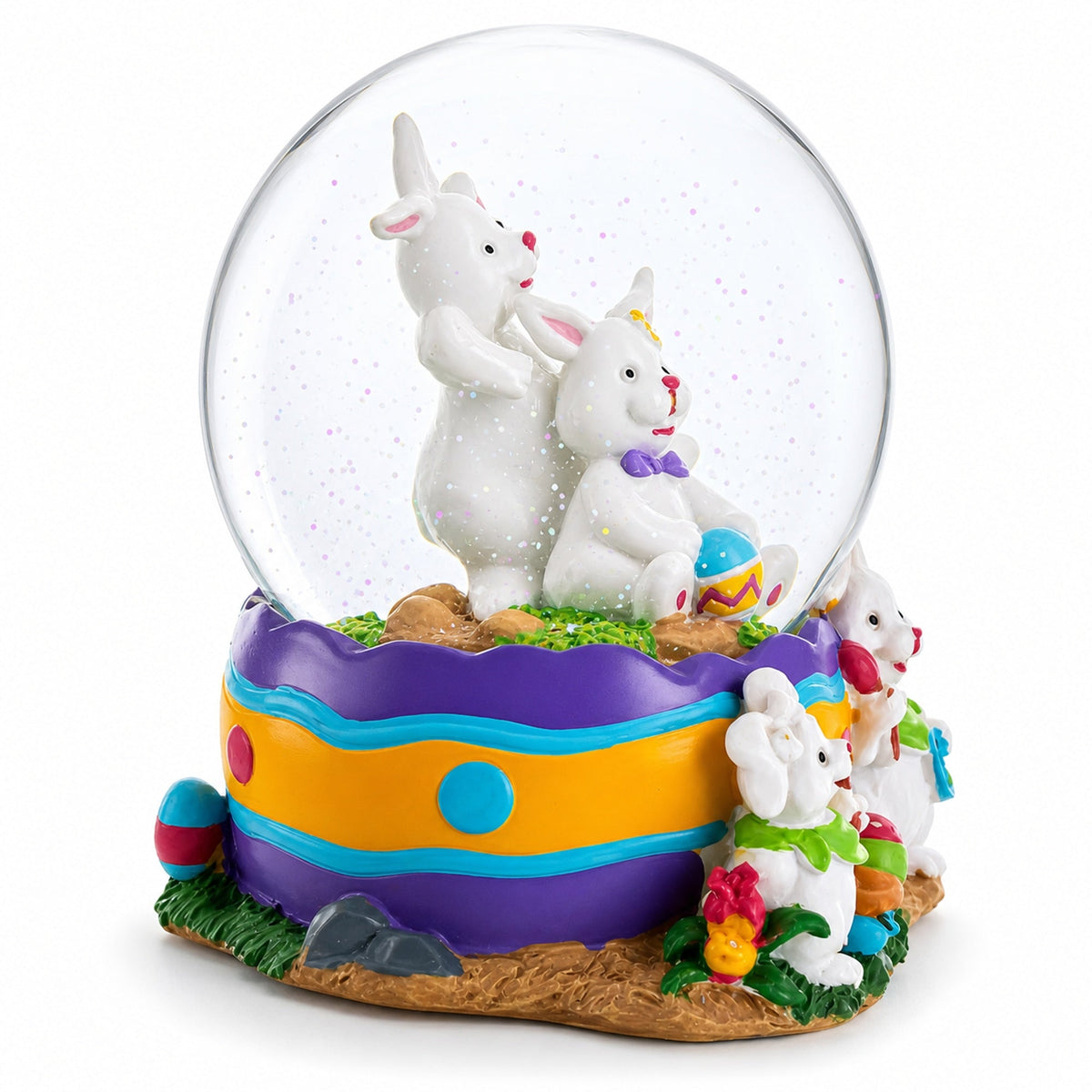 Spring Easter Egg Painting Rabbits Music Box Snow Globe 6 Inches Tall