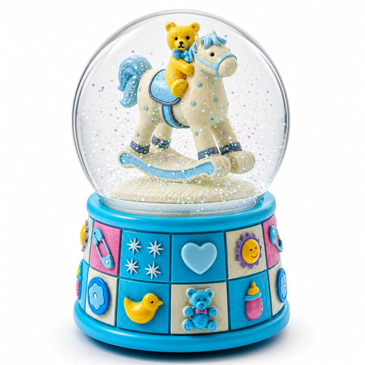 Teddy Bear on Rocking Horse Baby Boy Musical Water Snow Globe