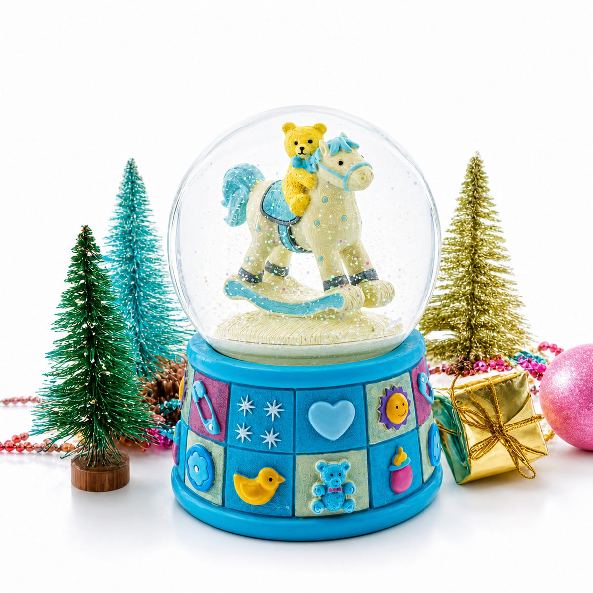 Teddy Bear on Rocking Horse Baby Boy Musical Water Snow Globe