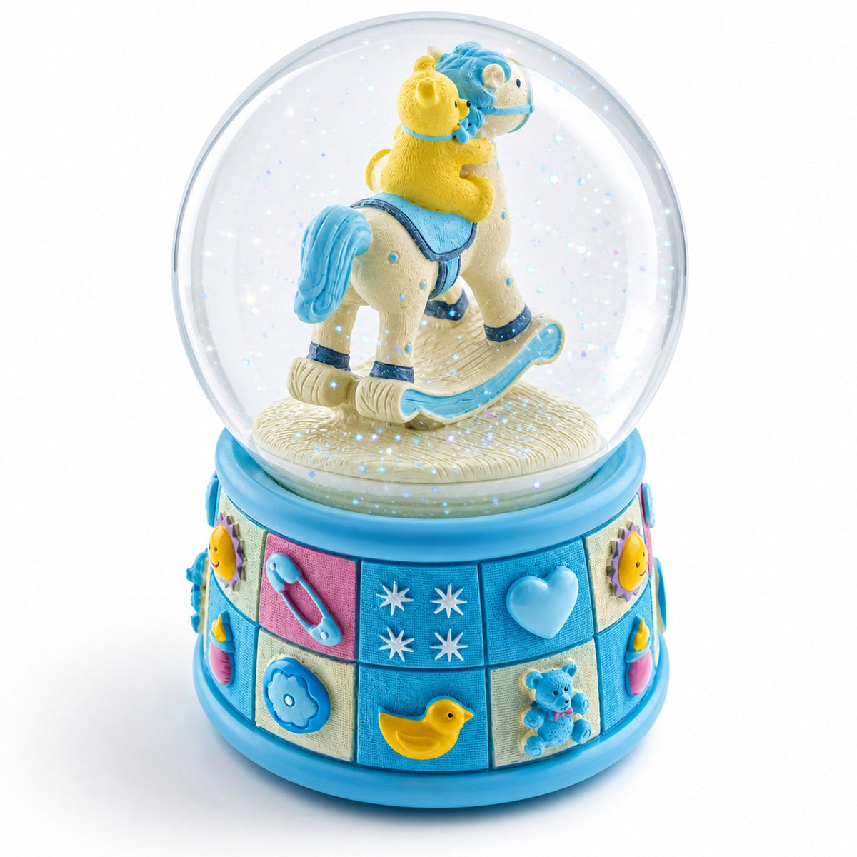 Teddy Bear on Rocking Horse Baby Boy Musical Water Snow Globe