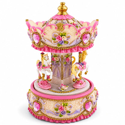 Floral Three Horses Carousel Spinning Musical Figurine