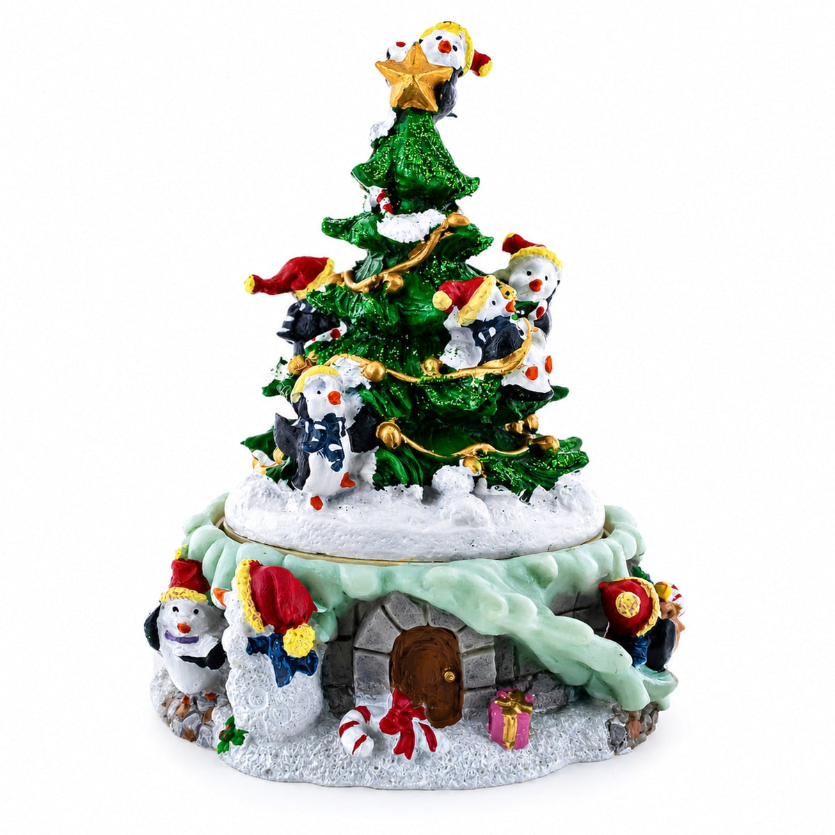 Spinning Christmas Tree Musical Figurine with Decorating Penguins
