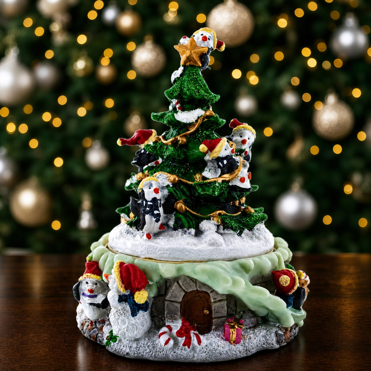 Spinning Christmas Tree Musical Figurine with Decorating Penguins