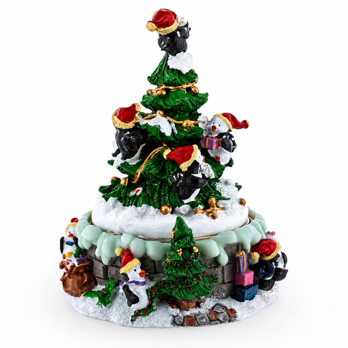 Spinning Christmas Tree Musical Figurine with Decorating Penguins