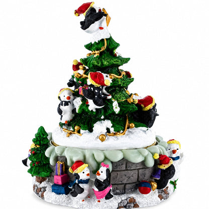 Spinning Christmas Tree Musical Figurine with Decorating Penguins