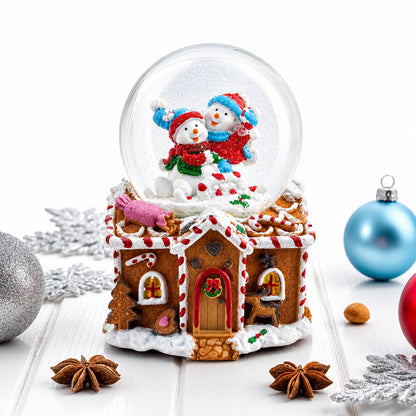 Gingerbread Cottage Snowmen Romance Musical Water Snow Globe