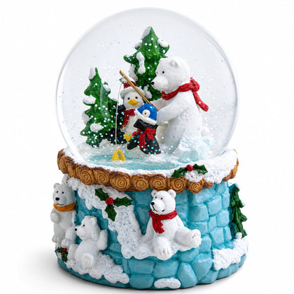 Bear and Penguins Fishing Musical Christmas Water Snow Globe