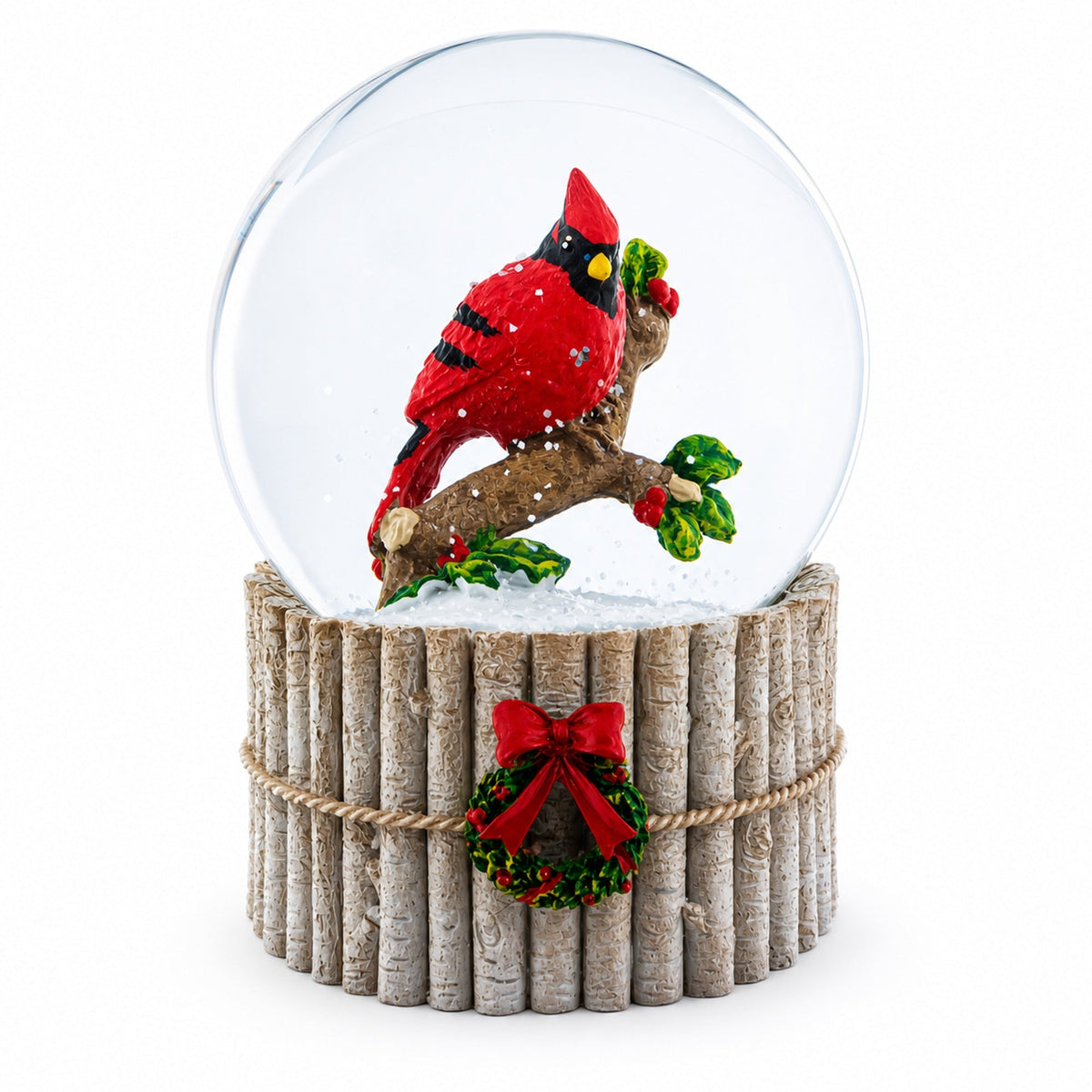 Red Cardinal on Birch Tree and Wreath Musical Water Globe