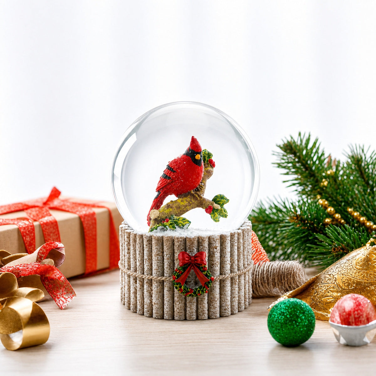 Red Cardinal on Birch Tree and Wreath Musical Water Globe