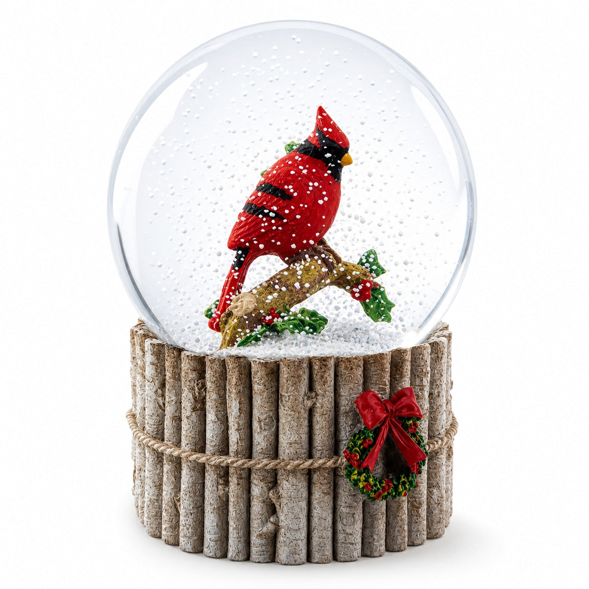 Red Cardinal on Birch Tree and Wreath Musical Water Globe