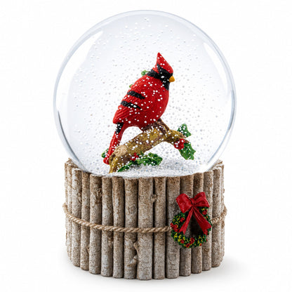 Red Cardinal on Birch Tree and Wreath Musical Water Globe