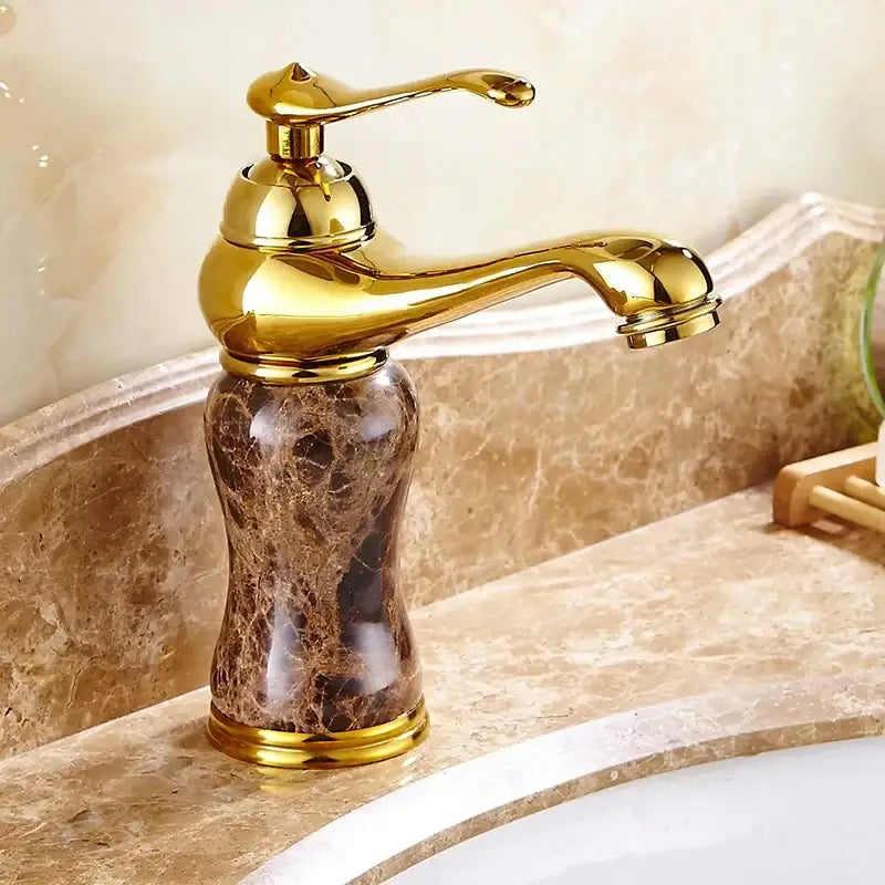 Polished brass and brown golden marble bathroom sink faucet