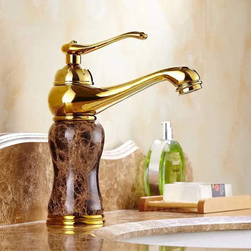 Polished brass and brown golden marble bathroom sink faucet