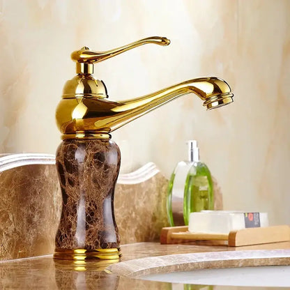 Polished brass and brown golden marble bathroom sink faucet
