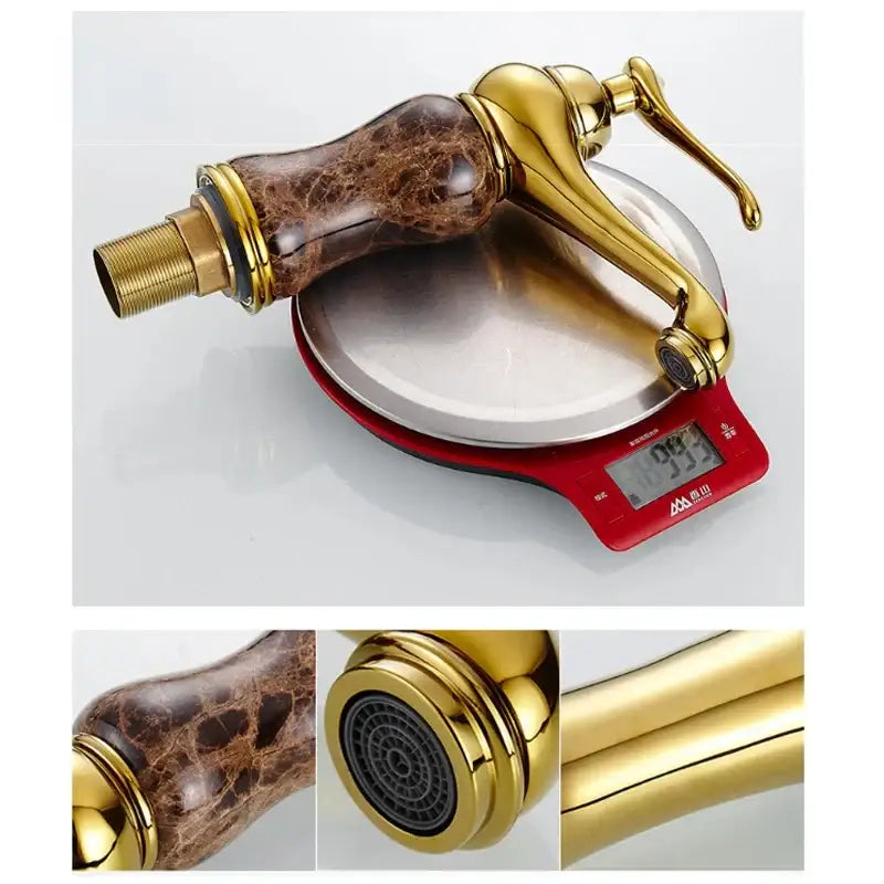 Polished brass and brown golden marble bathroom sink faucet
