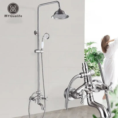 Polished chrome rainfall shower faucet set with handheld for bathroom