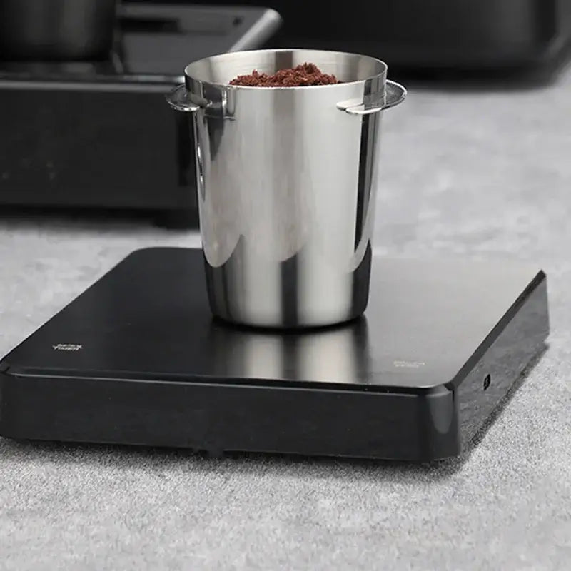 Polished chrome stainless steel espresso dosing cup kitchen tool