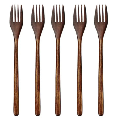 Polished dark brown wooden spoon soup and fork set dining room