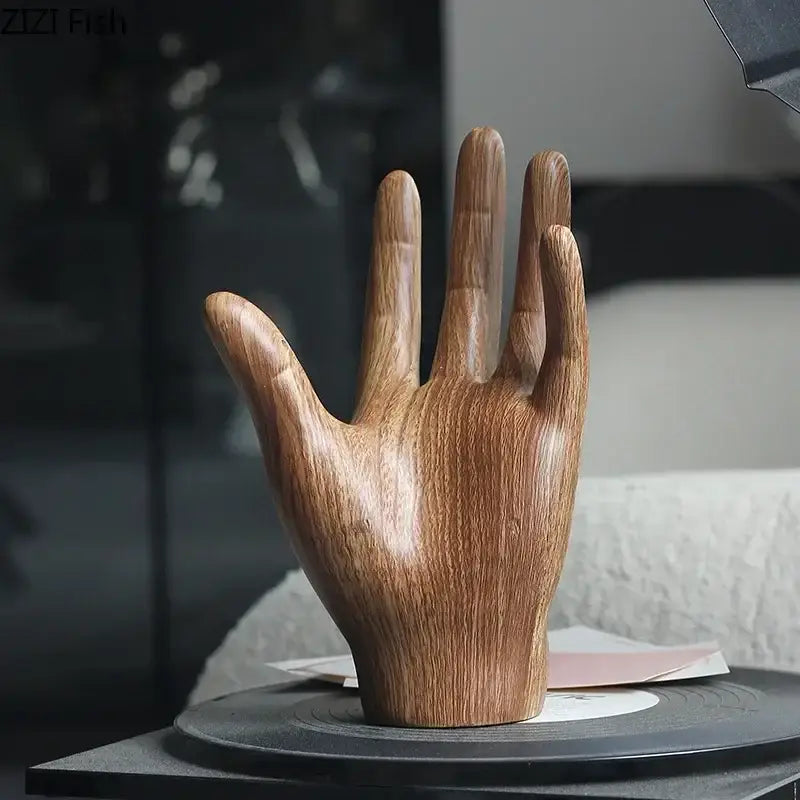Polished wood grain hand palm sculpture living room decor
