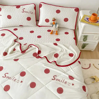 Polka dot smile white & red cool comforter set bedroom ruffled bedding