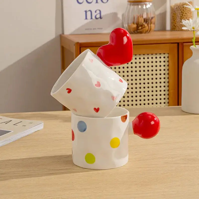Polka dot white heart design ceramic mug set kitchen cups