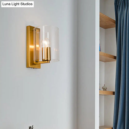DecorBites™ Post Modern Brass Finish Wall Lamp with Clear/Textured White Glass - Cylindric Sconce Design (1 Bulb)