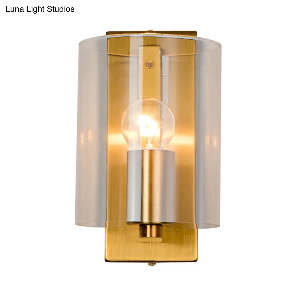 DecorBites™ Post Modern Brass Finish Wall Lamp with Clear/Textured White Glass - Cylindric Sconce Design (1 Bulb)