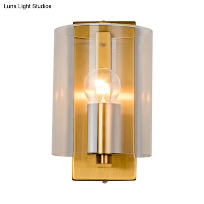 DecorBites™ Post Modern Brass Finish Wall Lamp with Clear/Textured White Glass - Cylindric Sconce Design (1 Bulb)