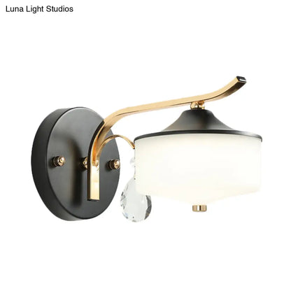 DecorBites™ Post Modern Drum Indoor Wall Sconce with Opal Glass and Crystal Droplet in Black and Gold LED Lighting