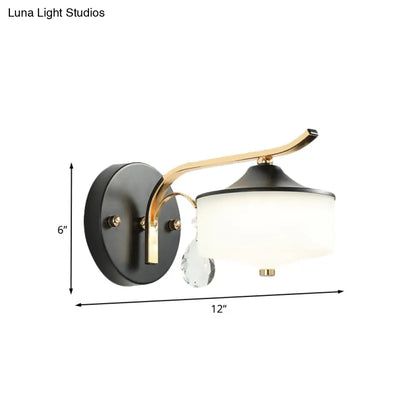 DecorBites™ Post Modern Drum Indoor Wall Sconce with Opal Glass and Crystal Droplet in Black and Gold LED Lighting