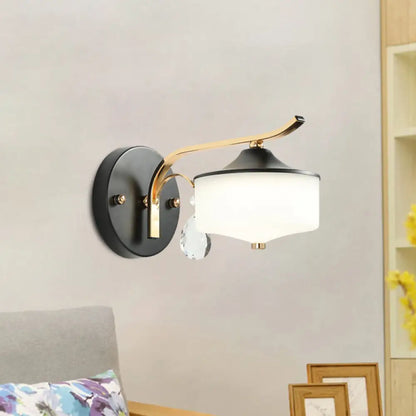 DecorBites™ Post Modern Drum Indoor Wall Sconce with Opal Glass and Crystal Droplet in Black and Gold LED Lighting