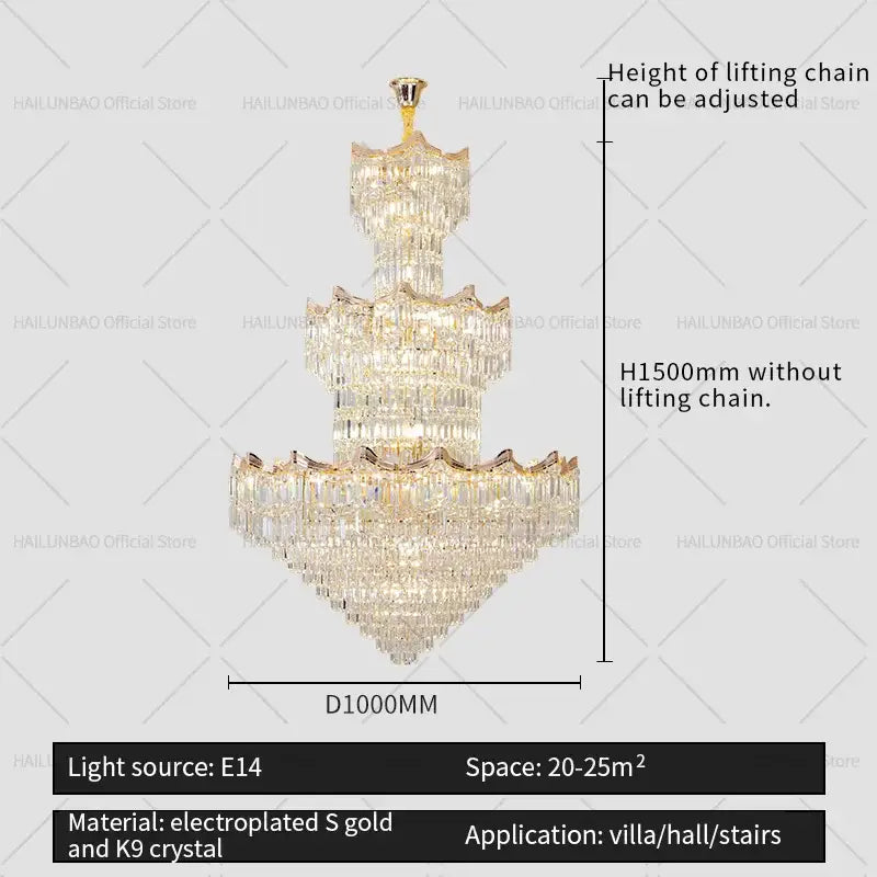 Post modern gold crystal duplex chandelier living room lighting