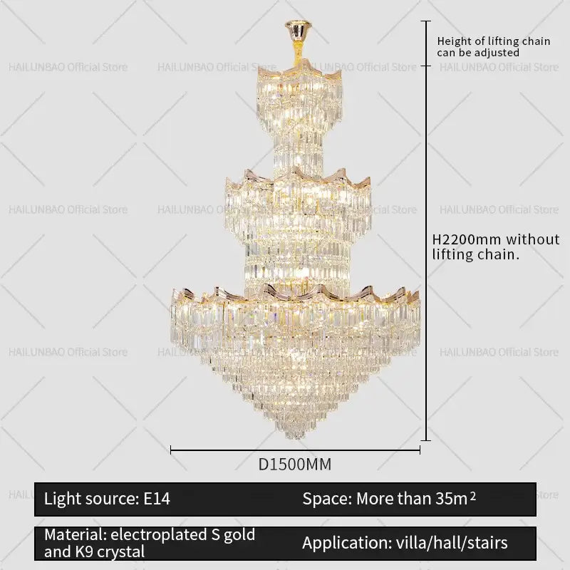 Post modern gold crystal duplex chandelier living room lighting