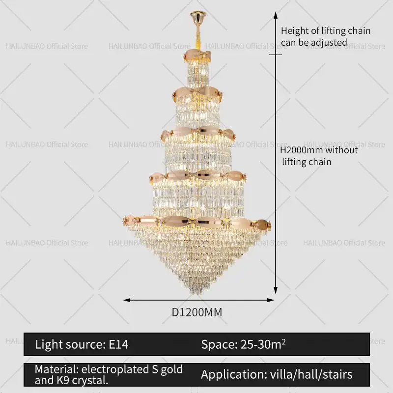 Post-modern gold grand hall crystal chandelier spiral staircase light