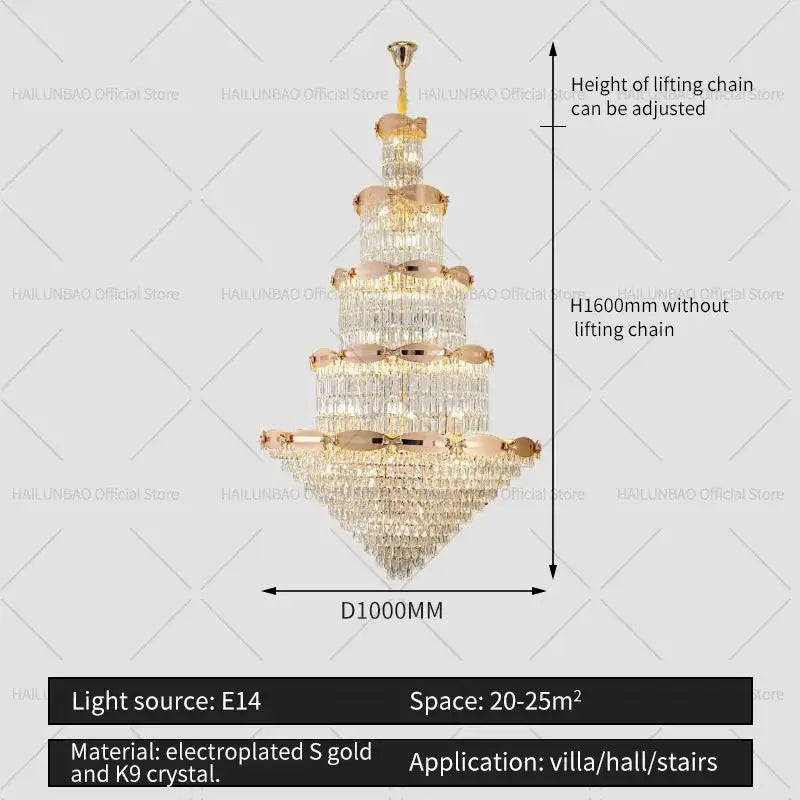 Post-modern gold grand hall crystal chandelier spiral staircase light