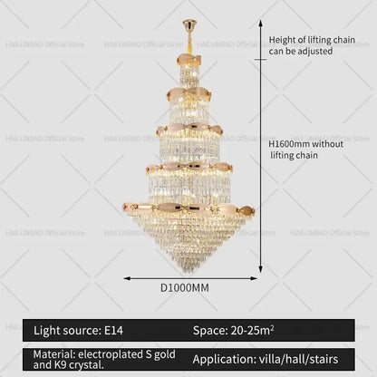 Post-modern gold grand hall crystal chandelier spiral staircase light
