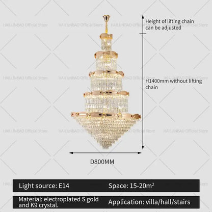 Post-modern gold grand hall crystal chandelier spiral staircase light