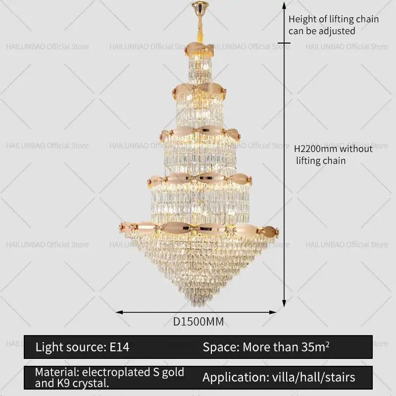 Post-modern gold grand hall crystal chandelier spiral staircase light