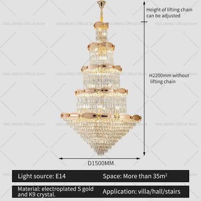 Post-modern gold grand hall crystal chandelier spiral staircase light