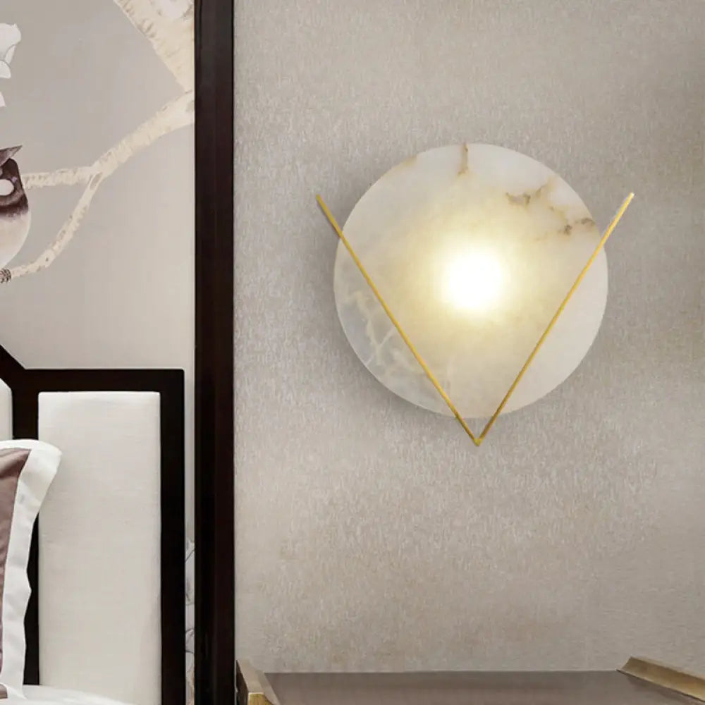 DecorBites™ Post-Modern Round Panel Wall Light Sconce - Marble Bedside Lamp Fixture with Brass V Deco