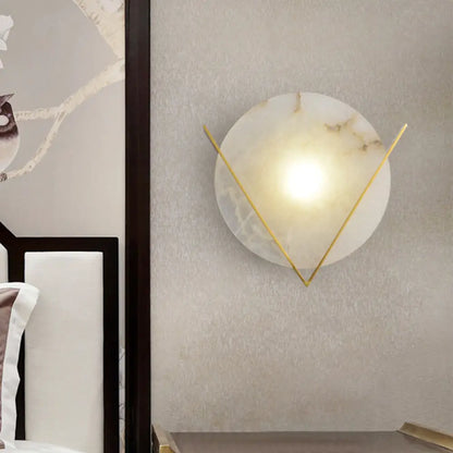 DecorBites™ Post-Modern Round Panel Wall Light Sconce - Marble Bedside Lamp Fixture with Brass V Deco