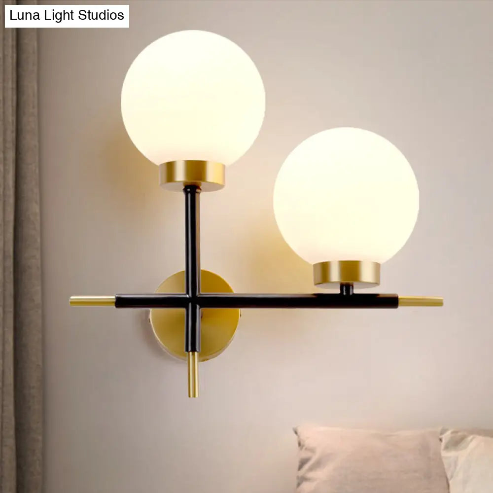 DecorBites™ Post-Modern White Glass Sphere Wall Sconce with Brass Finish - 1/2 Bulbs